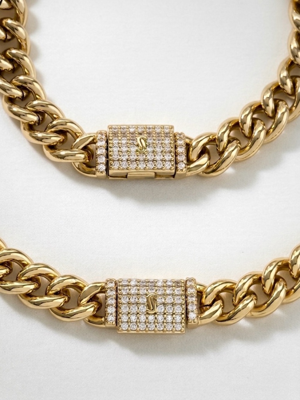 14K Gold Plated Cuban Link Necklace & Bracelet Set with CZ Pavé Box Toggle Clasp - Picture 4 of 11